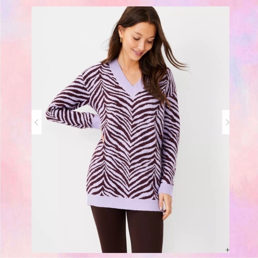 Ann Taylor Purple Zebra Print Tunic Sweater Sz S EUC